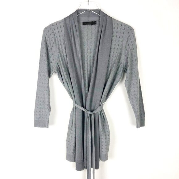 The Limited Sweater Women's M Grey Open-Front Belted Mixed Media Knit Cardigan - Picture 13 of 13